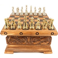 Klasik Altın & Gümüş Renk Satranç Taşları - Gizli Anahtarlı El Oyması Satranç SANDIĞI-20X20 cm