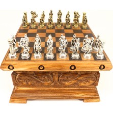 Miğferli Asker Satranç Taşları -Gizli Anahtarlı El Oyması Satranç SANDIĞI-20X20CM