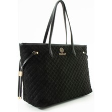 Elizan Geniş Iç Hacimli Baklava Desen Siyah Süet Shopping Kadın Omuz Çantası