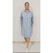 Akşen Giyim Büyük Beden Ince Tensel Kot Denim Kumaş Gömlek Yaka Boydan Düğmeli Püskül Detaylı Jean Elbise/tunik