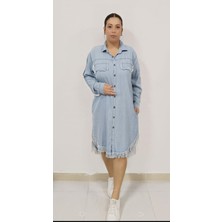 Akşen Giyim Büyük Beden Ince Tensel Kot Denim Kumaş Gömlek Yaka Boydan Düğmeli Püskül Detaylı Jean Elbise/tunik