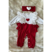Juniba Kids Angela Kız Bebek Kırmızı Kabartma Kalp ve Fırfır Detaylı 2'li Tulum Set