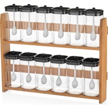 Woodsy 12 Li Kendinden Kaşıklı Baharatlık Ahşap Stantlı 12 Li Baharatlık 24 Adet Baharat Etiketi 300 ml