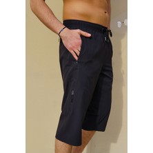 Erkek Siyah Düz Renk Üç Yan Cepli Esnek Kumaş Hızlı Kuruyan Kapri Mayo Deniz Şortu