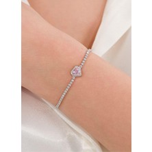 TMT Silver Gümüş Pembe ve Beyaz Zirkon Taşlı Kalp Kalpli Su Yolu Zincirli Bileklik