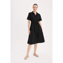 DeFacto A Kesim Gömlek Yaka Kuşaklı Poplin Kısa Kollu Midi Elbise E7114AX25SP
