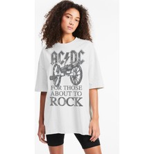 Rock&Roll Top Rock Acdc Beyaz Oversize Kadın T-Shirt