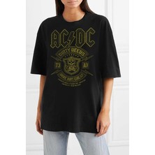 Rock&Roll Karlı Acdc Siyah Kısa Kollu Oversize Kadın T-Shirt