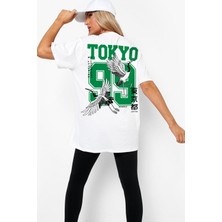 Rock&Roll Tokyo 99 Beyaz Kısa Kollu Arka Baskılı Oversize Kadın T-Shirt