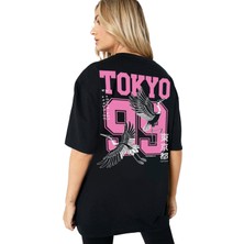 ROCKANDROLL Tokyo 99 Siyah Kısa Kollu Arka Baskılı Oversize Kadın T-Shirt