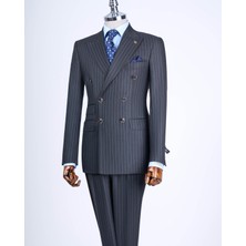 Italyan Stil Slim Fit Çizgili Kruvaze Ceket Pantolon Takım Elbise Antrasit T13197