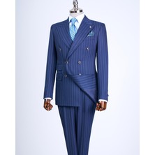 Italyan Stil Slim Fit Çizgili Kruvaze Ceket Pantolon Takım Elbise Lacivert T13487