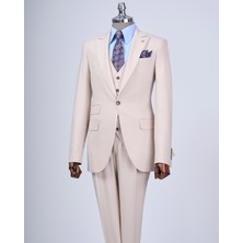 Italyan Stil Slim Fit 8 Drop Ceket Yelek Pantolon Takım Elbise Bej T12633