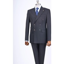 Italyan Stil Slim Fit Çizgili Kruvaze Ceket Pantolon Takım Elbise Lacivert T13198