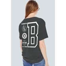Rock&Roll Brooklyn Logo Antrasit Kısa Kollu Arka Baskılı Oversize Kadın T-Shirt