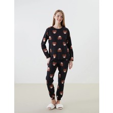 Siyah Baskılı Bisiklet Yaka Baskılı Kadın Pijama Takımı