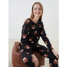 Siyah Baskılı Bisiklet Yaka Baskılı Kadın Pijama Takımı