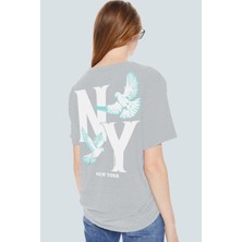 Rock&Roll Ny Güvercinleri Gri Oversize Arka Baskılı Kısa Kollu Kadın T-Shirt