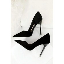 Trendy Anka Kadın Siyah Süet 8cm Ince Şeffaf Kapak Topuklu Stiletto Ayakkabı