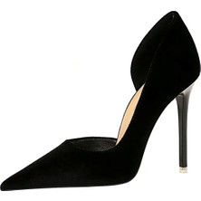 Trendy Anka Kadın Siyah Süet 8cm Ince Şeffaf Kapak Topuklu Stiletto Ayakkabı