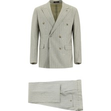 Slim Fit Dar Kesim Çizgili Keten Kruvaze Takım Elbise