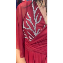 Abiyeniall Bordo Kısa Kollu Taş Detaylı Kloş Etekli Tül Uzun Abiye Elbise 7663