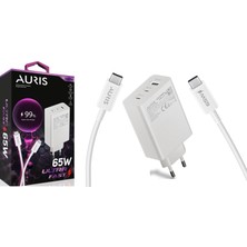 Auris 65 Watt Şarj Cihazı USB + USB C 3 Port Giriş Type C To Type C Şarj Kablosu Ultra Fast 65W Şarj Aleti Seti