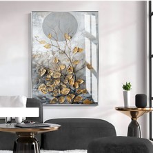 Harikabirev Harikabirev|gold-Gri Yaprak Desenli Soyut Model 1|çerçeveli Temperli Cam Tablo Tekli Dikey