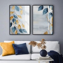 Harikabirev Harikabirev|mavi-Sarı-Gri Yapraklar Kombini |temperli Çerçeveli Cam Tablo  2li Dikey
