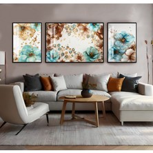 Harikabirev Harikabirev|su Yeşili-Kahveerengi Çiçek Kombini|çerçeveli Temperli Cam Tablo 3lü Yatay