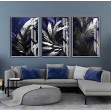 Harikabirev Harikabirev|lacivert-Gümüş Yapraklı Kombini|çerçeveli Cam Tablo  3lü Dikey