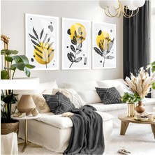 Harikabirev Harikabirev|gri-Sarı Minimalist Yaprak Bohem Seti |çerçeveli Cam Tablo 3lü Dikey