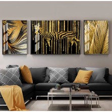 Harikabirev Harikabirev|siyah-Gold Renk Zebra Soyut Yaprak Kombini|çerçeveli Temperli Cam Tablo 3lü Yatay