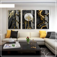 Harikabirev Harikabirev|siyah -Gold Renk Soyut Set 03 |çerçeveli Cam Tablo 3lü Dikey