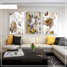 Harikabirev Harikabirev|beyaz-Gri-Gold Soft Renk Soyut Çiçek Set 01|çerçeveli Cam Tablo 3lü Dikey