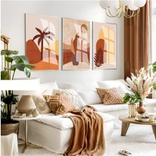 Harikabirev Harikabirev|kahverengi-Turuncu Bohem Yaprak Kombini |çerçeveli Cam Tablo 3lü Dikey