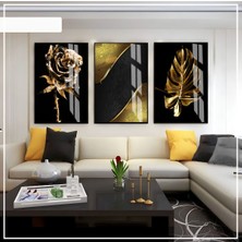 Harikabirev Harikabirev|siyah-Gold Soft Renk Soyut Gül Yaprak Seti 01 |çerçeveli Cam Tablo 3lü Dikey