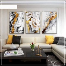 Harikabirev Harikabirev|beyaz-Siyah-Gold Soft Renk Soyut Çiçek Kombini 01 |çerçeveli Cam Tablo 3lü Dikey