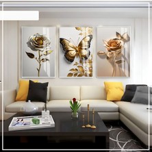 Harikabirev Harikabirev|beyaz-Krem-Siyah-Gold Soft Gül Seti |çerçeveli Cam Tablo 3lü Dikey