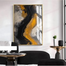 Harikabirev Harikabirev|siyah-Sarı-Gri Soyut Desenli Model 002|ÇERÇEVELİ Temperli Cam Tablo Tekli Dikey