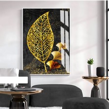 Harikabirev Harikabirev|gold-Siyah Yaprak Desenli Model 02 |çerçeveli Temperli Cam Tablo Tekli Dikey