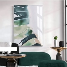 Harikabirev Harikabirev|yeşil-Krem Soyut Yaprak Modeli Iı |çerçeveli Temperli Cam Tablo Tekli Dikey