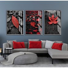 Harikabirev Harikabirev|kırmızı-Gri  Yapraklar Kombini |çerçeveli Cam Tablo  3lü Dikey