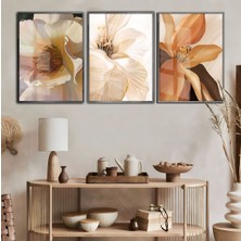 Harikabirev Harikabirev|turuncu-Krem Soft Renk Çiçek Yaprak Seti 2  |çerçeveli Cam Tablo 3lü Dikey