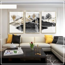 Harikabirev Harikabirev|gri-Siyah -Gold Soft Renk Geyikli Set |çerçeveli Cam Tablo 3lü Dikey