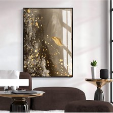 Harikabirev Harikabirev|kahverengi-Gold Yaprak Desen Soyut Model 1|çerçeveli Temperli Cam Tablo Tekli Dikey