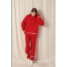 Kadın Çizgili Balıkçı Yaka Pantolonlu Triko Takım Kırmızı Oversize