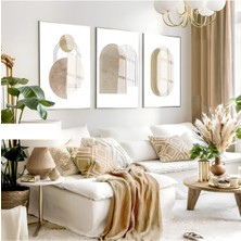 Harikabirev|bej-Krem Beyaz  Renk Minimalist Bohem Seti 39|çerçeveli Cam Tablo 3lü Dikey