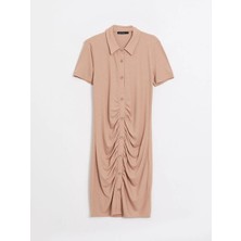 LC Waikiki Lcw Vision Açık Kahverengi Polo Yaka Düz Kısa Kollu Kadın Bodycon Elbise