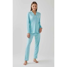 Kadın Uzun Kol Önden Düğmeli  Düz Renk %100 Pamuk Pijama Takımı